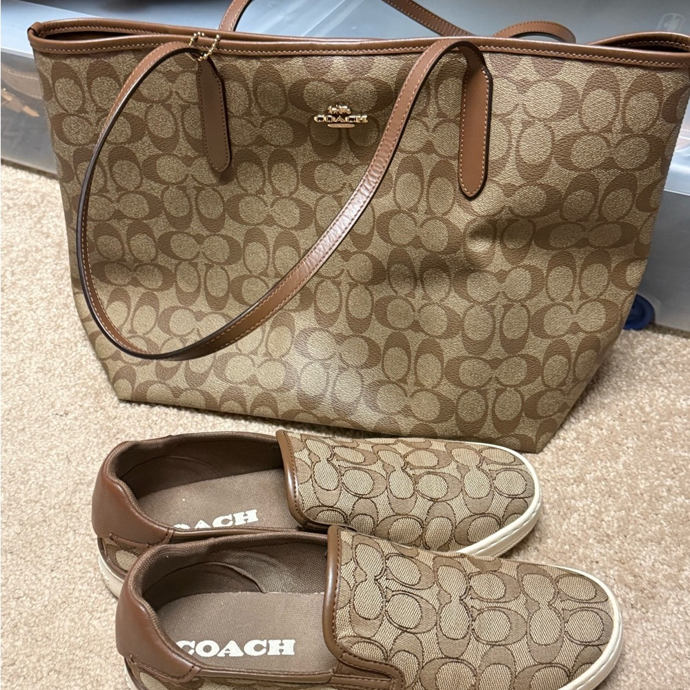 Coach Brown Signature Tote and Slip-On Set